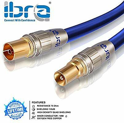 0.5m HDTV Antenna Cable|TV Aerial Cable|Premium Coaxial Cable|Connectors: Coax Male to Coax Female|For UHF/RF/DVB-T/DVB-T2 TVs, VCRs, DVD players, DVRs, cable boxes and satellite| IBRA Blue Gold (253)