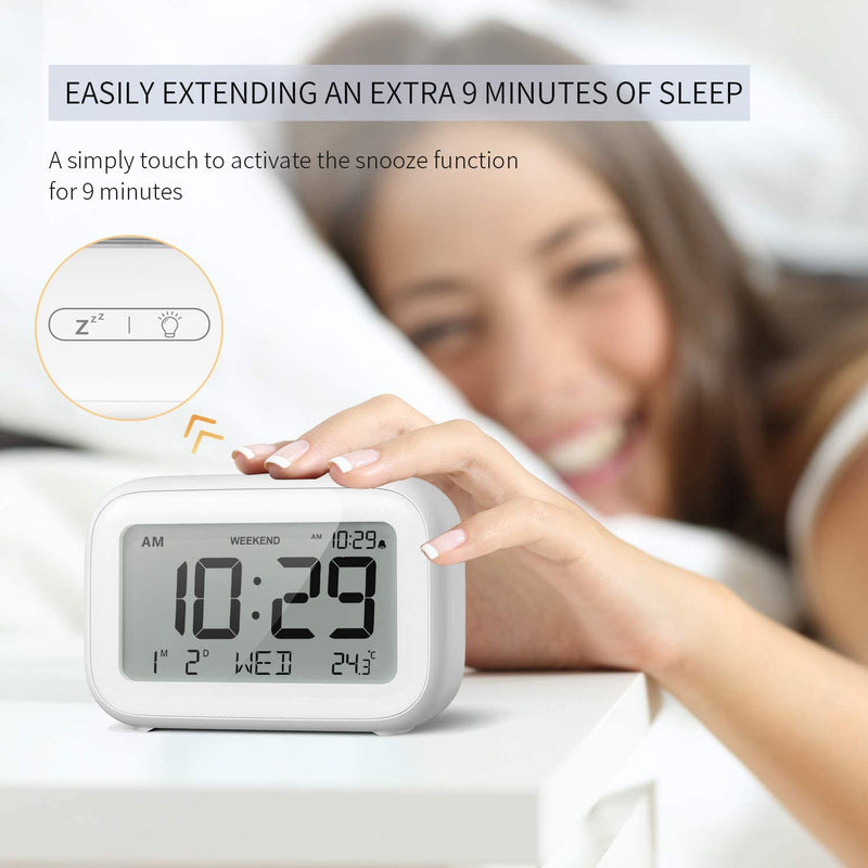 NOKLEAD Digital Alarm Clock with LCD Display Volume Adjustable Snooze 12/24Hr and Weekend Mode (White) (354)
