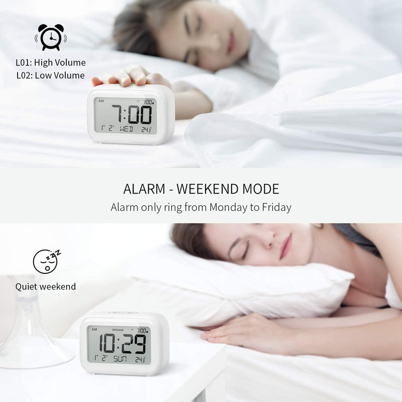NOKLEAD Digital Alarm Clock with LCD Display Volume Adjustable Snooze 12/24Hr and Weekend Mode (White) (354)