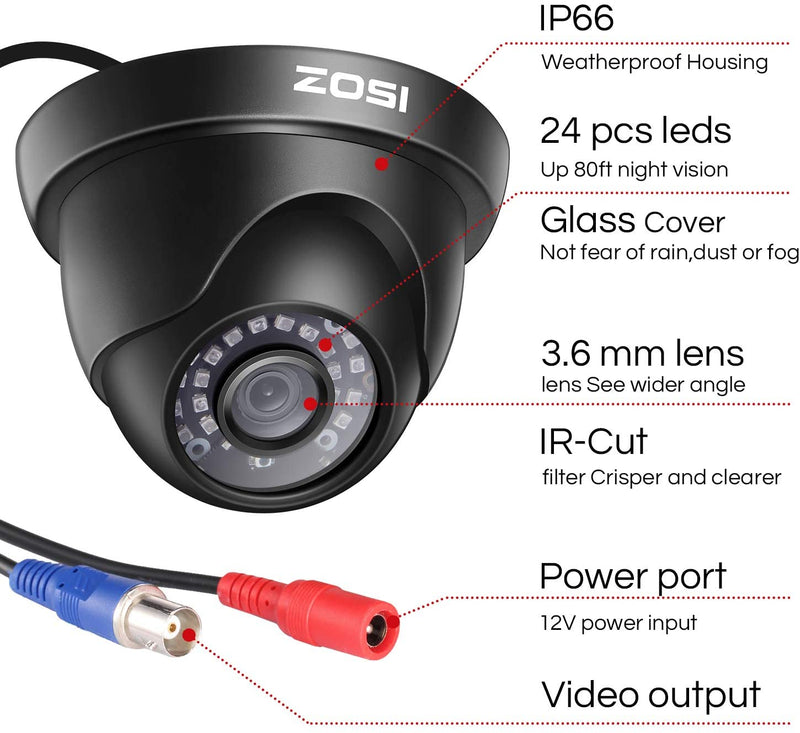 ZOSI ZM4182C Security Camera Black 1080P Full HD, Analog, AHD, CVI, TVI Camera, Equipped with 0.1 inch (3.6 mm) Lens, Waterproof Domed Security Camera (50)